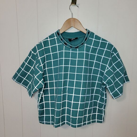 ME. Melody Ehsani Size XS Teal Blue Gray Reflective Striped Checkered Shirt - Picture 1 of 9